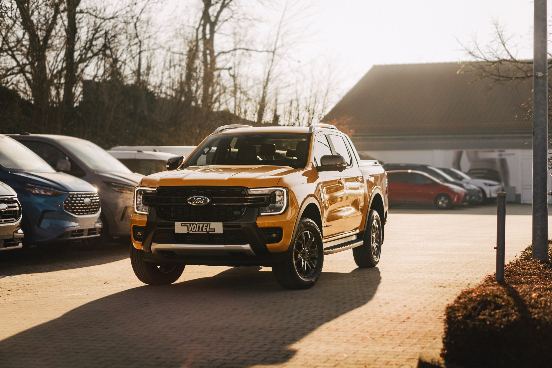 Ihre Ansprechpartner bei Autohaus Voitel: orangefarbener Ford Ranger auf dem Hof von Autohaus Voitel in Plauen