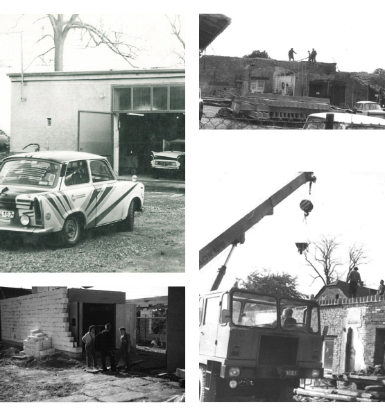 1979: Umzug nach Jößnitz – Harald Voitel baut ein ehemaliges LPG-Gelände zum neuen Firmensitz von Autohaus Voitel aus (historische Fotos: Trabant vor der Werkstatt, Kran- und Bauarbeiten)