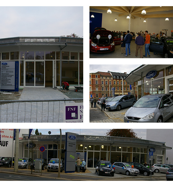 2007: Eröffnung des neuen Ford-Autohauses Voitel in der Alleestraße 6 / Ecke Pausaer Straße in Plauen (Fotos von Gebäude und Eröffnungsfeier)