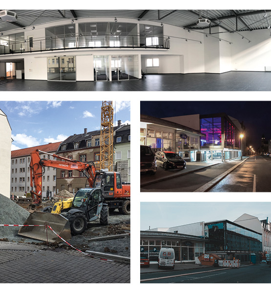 2017: Umbau mit neuem Ford-Schauraum auf Stelzen über den Kundenparkplätzen von Autohaus Voitel in Plauen (Fotos von Bauarbeiten und fertigem Schauraum)